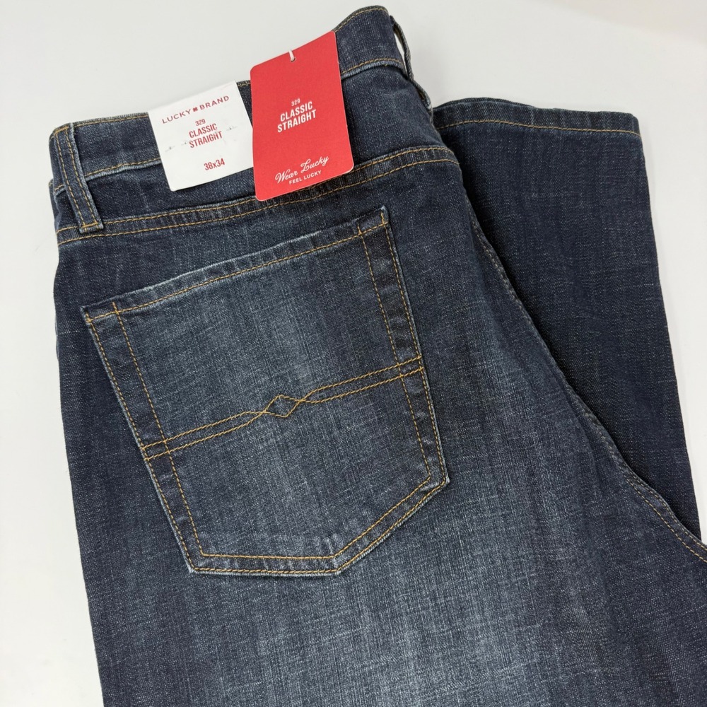 Lucky Brand 329 Classic Straight Jeans Mens 38x34 Dark Wash Stretch Denim NEW